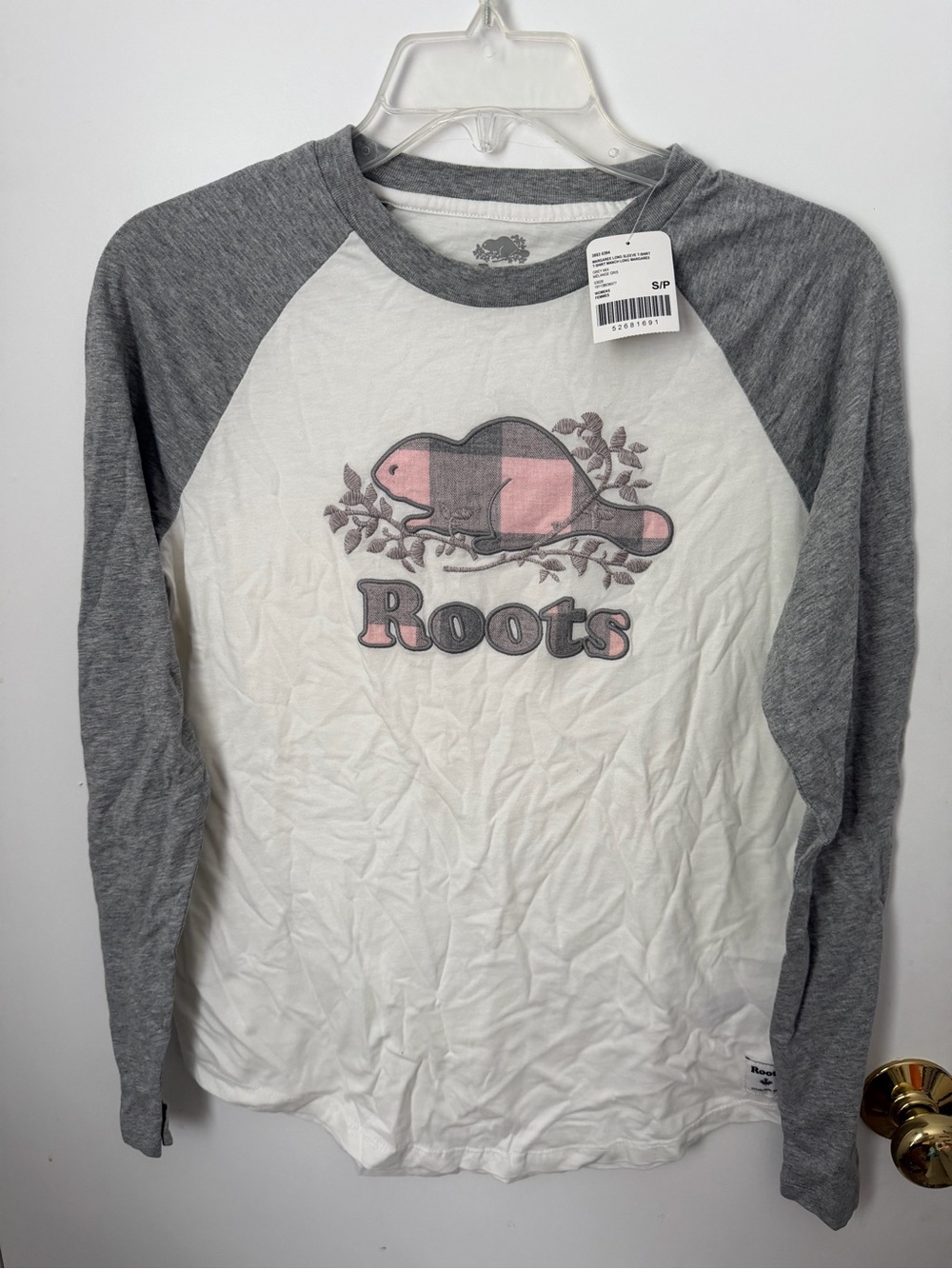 Roots White and Grey Raglan Long Sleeve Top with Pink Beaver